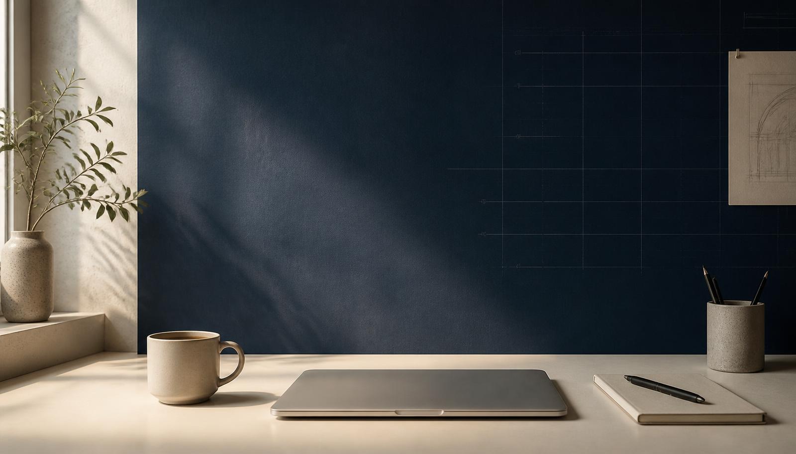 A quiet, minimal desk with a closed laptop, notebook and mug beside a deep navy wall