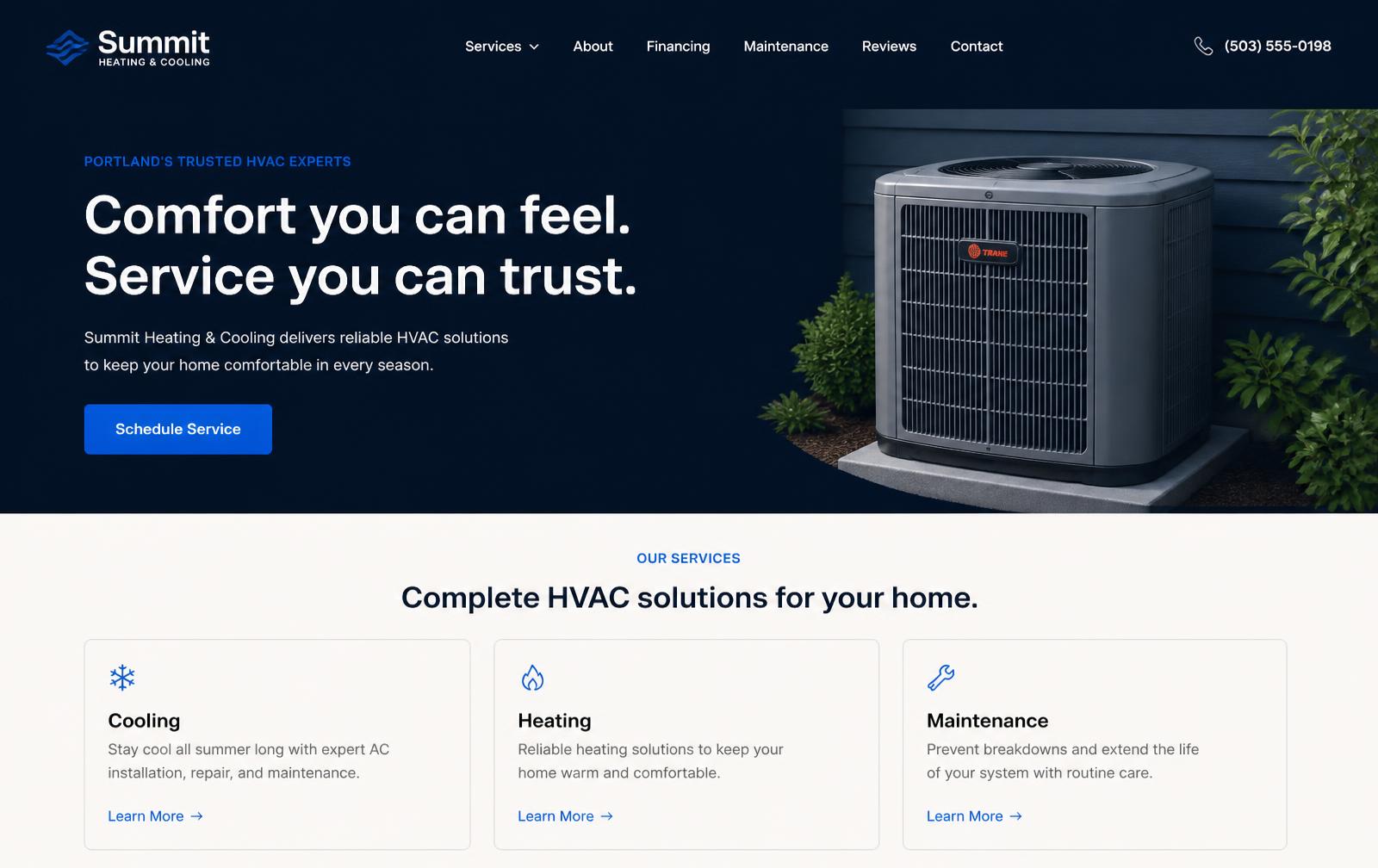 A modern website built by Summit Systems: clear navy hero, single call to action, simple service cards