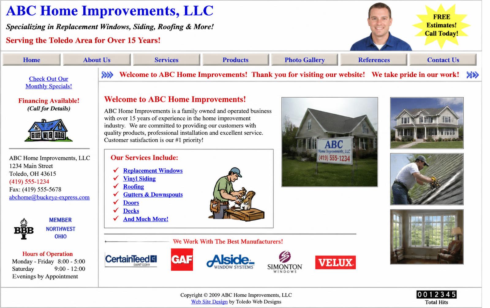 A typical outdated local business website with cramped text and cluttered layout